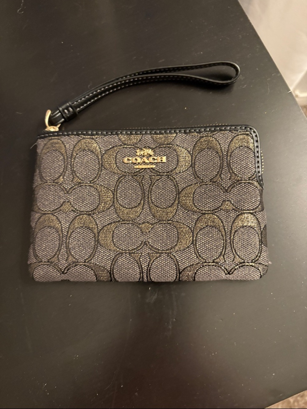 Coach Black Canvas Signature Wristlet with Gold Logo